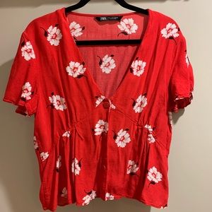 Zara v-neck red blouse with floral design